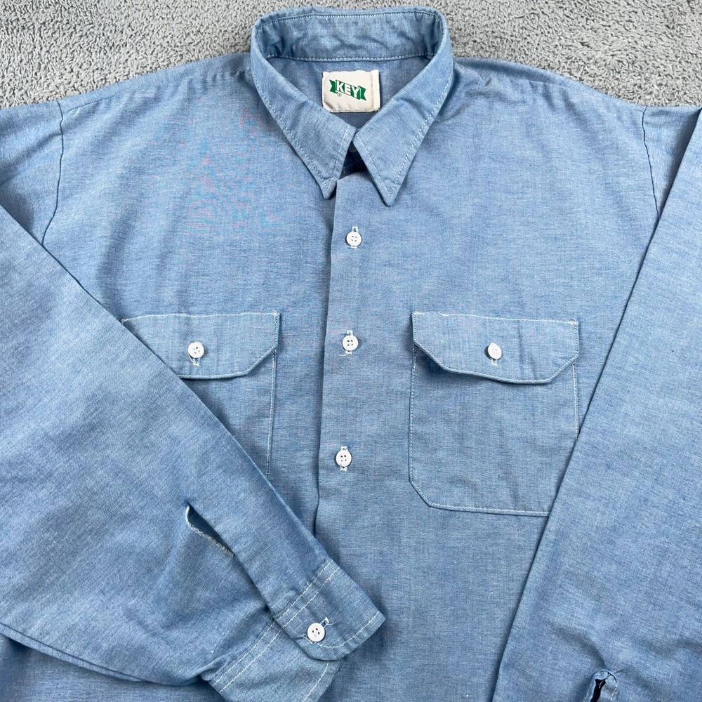 VTG Key Imperial Shirt Mens 2XL Tall Blue Chambray Workwear Made USA Lightweight